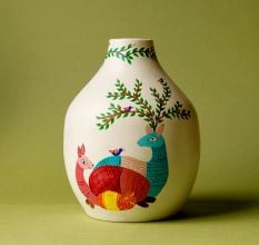 Handcrafted Ceramic Gond Resting Deer Birds Decorative Art Vase